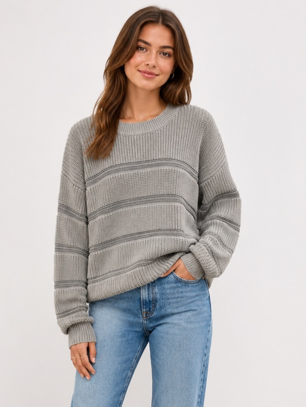 Thread and Supply Gray Silver Cotton Knit Crewneck Sweater Large